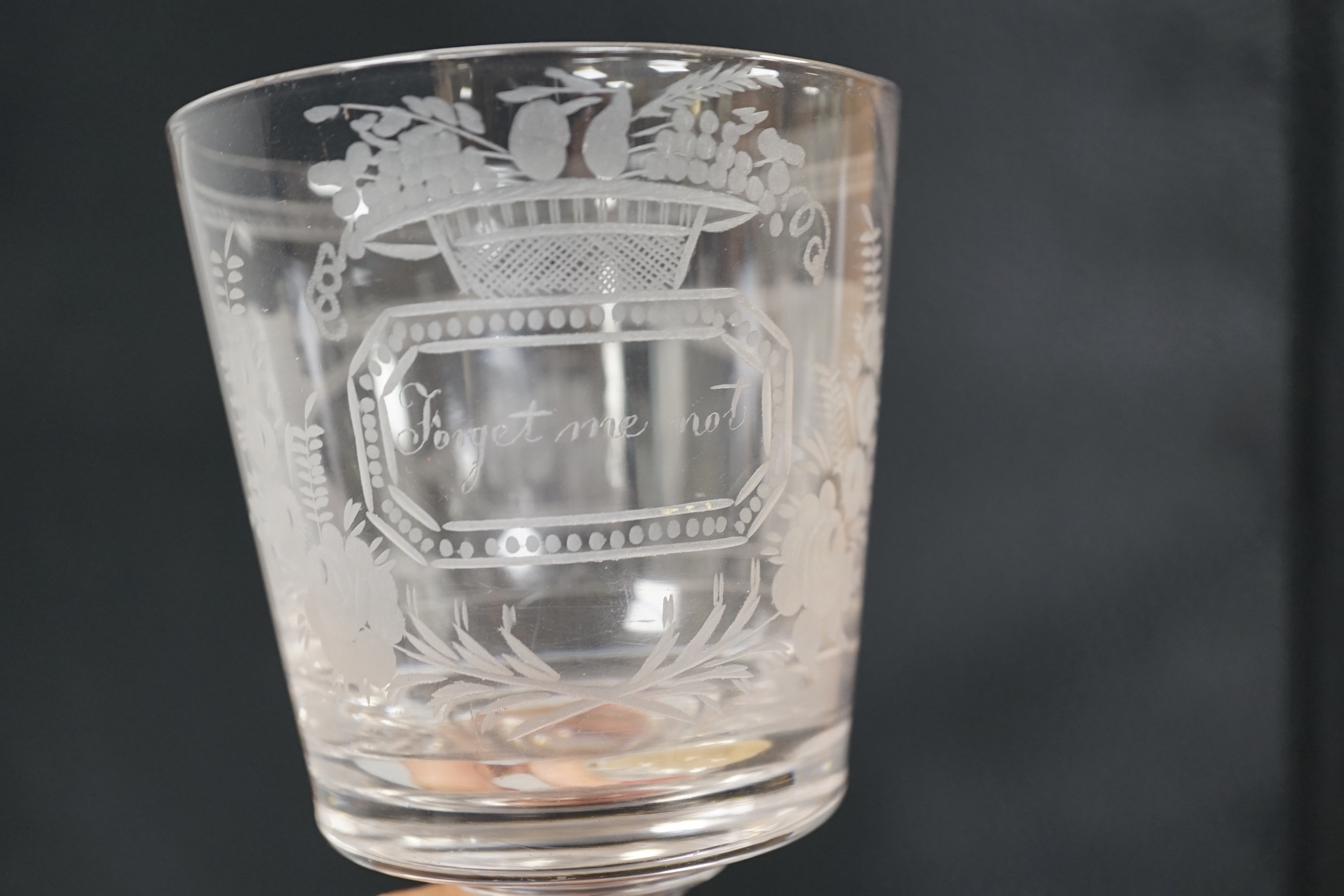 A pair of Sunderland Bridge rummers, c.1800-1820, with bucket bowls, blade knops and rough pontils, engraved with bridge and sailing ship passing below, panels are engraved in script ‘Forget me not’ and ‘Remember me’ Eng